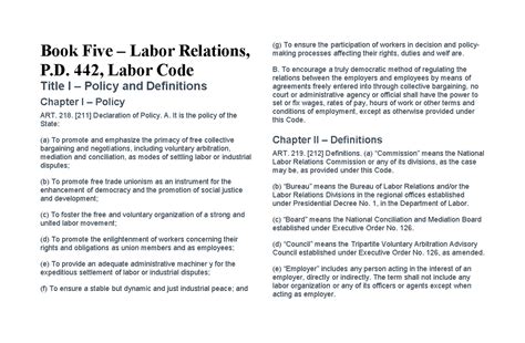 Book Five – Labor Relations, P.D. 442, Labor Code.